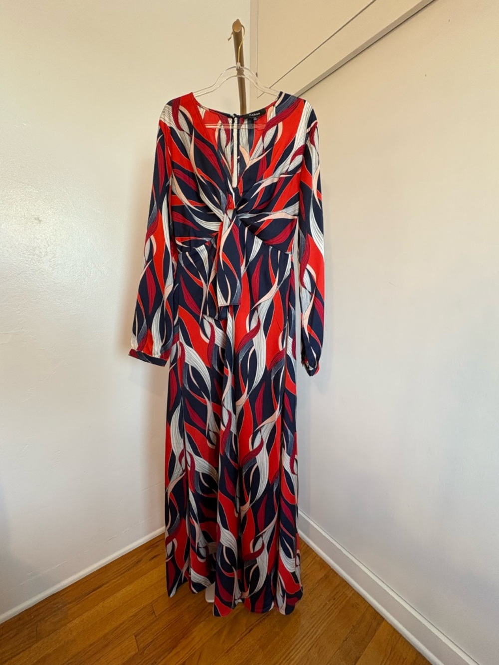 Aakaa Twist-Front Long Sleeve Maxi Dress in Red, Navy & White